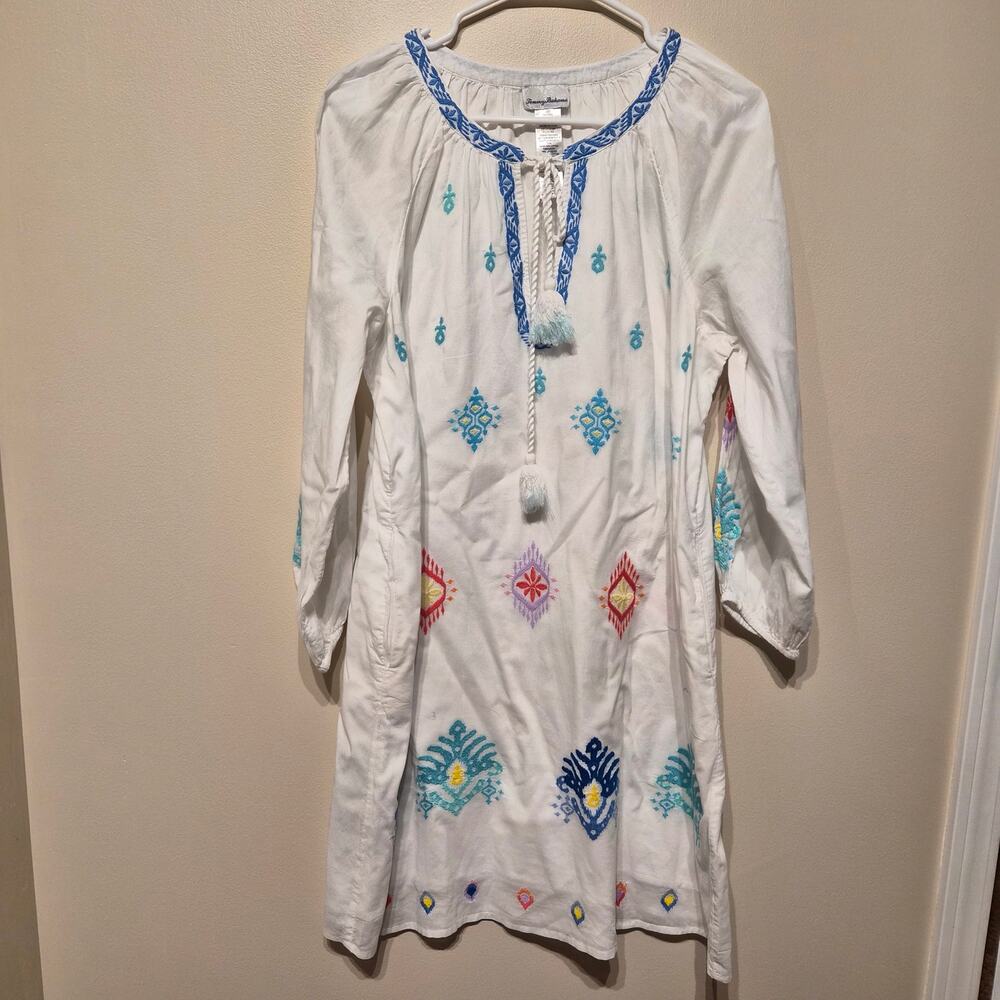 Tommy Bahama Medium Watercolor Ikat Split-Neck Tunic White Tassel Embroidery